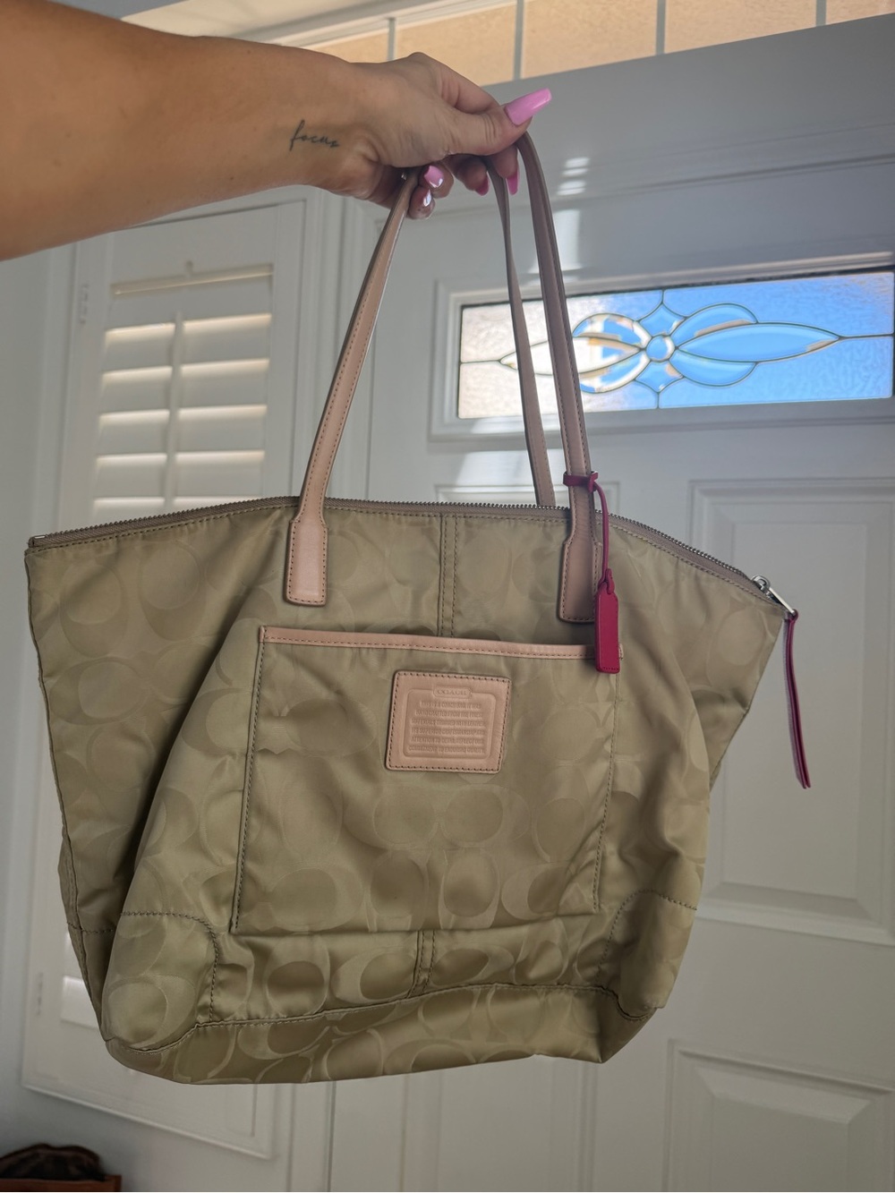 Coach Beige Signature Tote with Pink Trim and Pink Charm